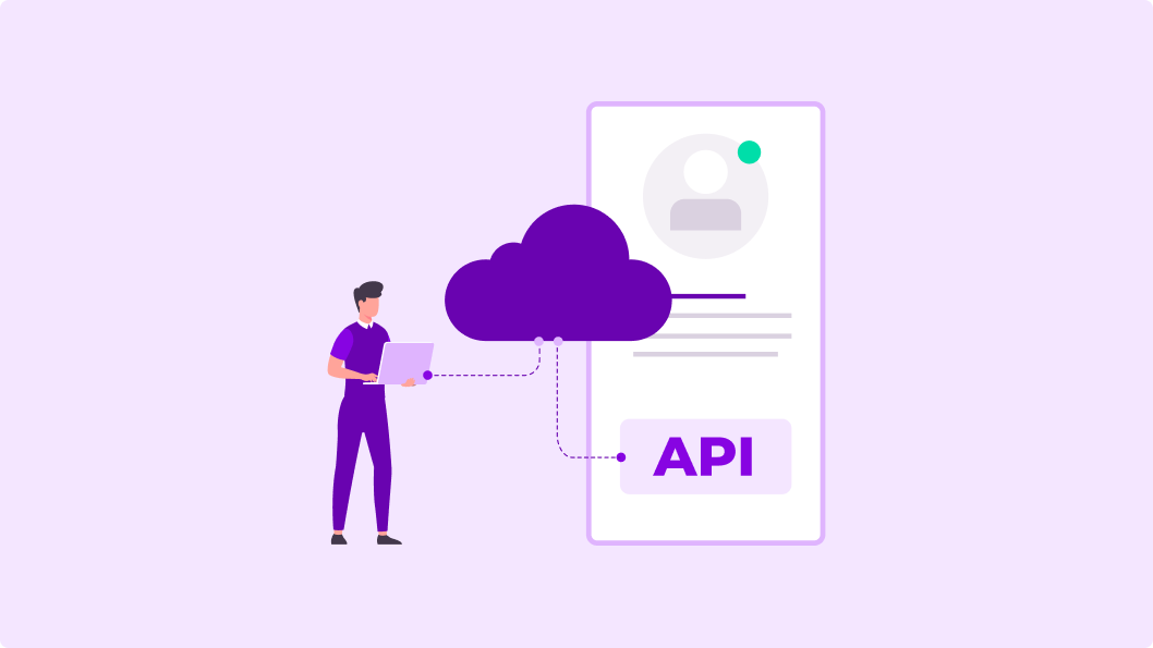 Illustration depicting a male figure standing and using a laptop, connected via a dotted line to a cloud symbol, which in turn is connected to a mobile phone interface labeled 'API'. The phone displays a user profile icon and some lines of text. This represents the integration of third-party services through APIs for user management