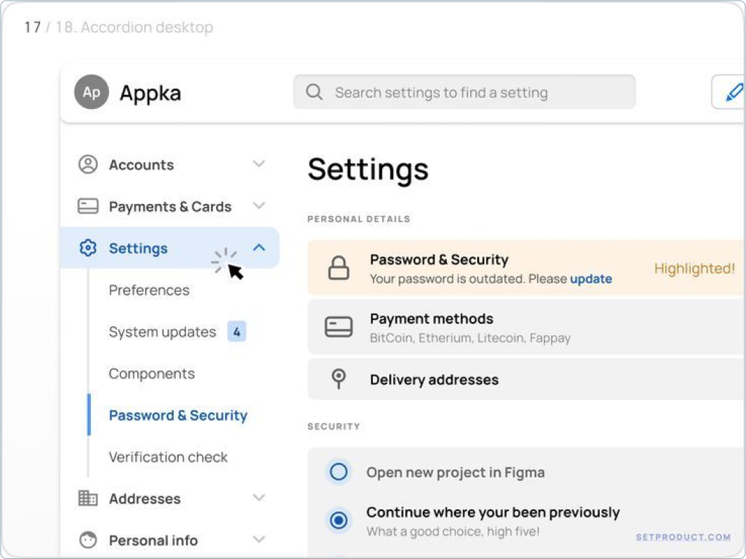 A screenshot of an application interface labelled “Appka” with a left sidebar menu using accordion items for navigation.  The “Settings” menu is expanded, revealing sub-options like “Password & Security,” “Payment methods,” and “Delivery addresses.”  A search field at the top lets users quickly find settings. This accordion layout helps avoid clutter in the header, providing direct links to multiple pages in a collapsible menu.