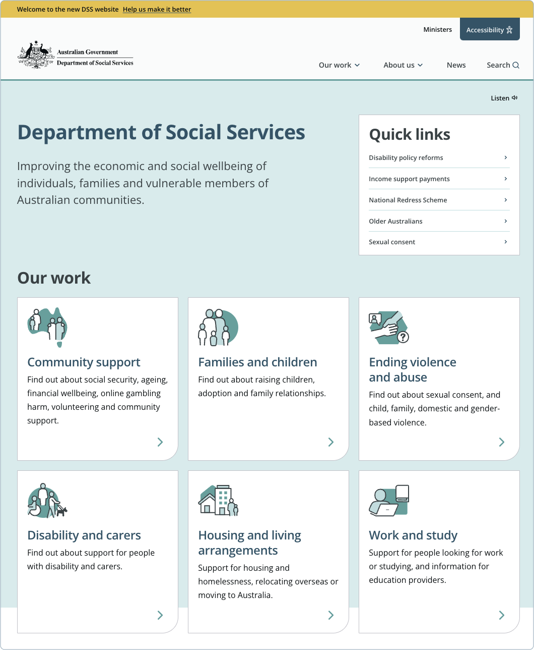 Screenshot of the new, updated, modern Department of Social Services website showing multiple cards, including Community support, Families and children, Ending violence and abuse, Disability and carers, Housing and living arrangement, and work and study.